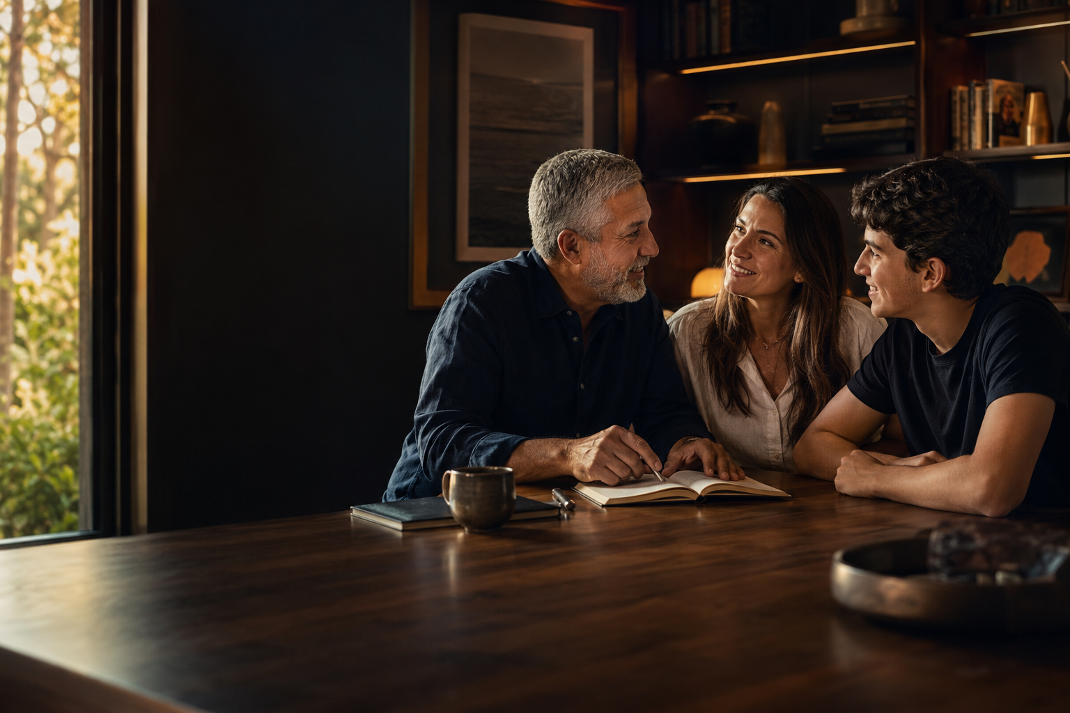 Familia latinoamericana compartiendo sabiduría entre generaciones